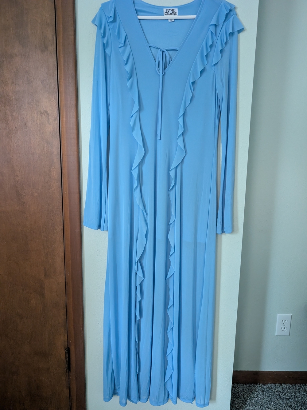 Light Blue Ruffle-Trim Long Sleeve Dress